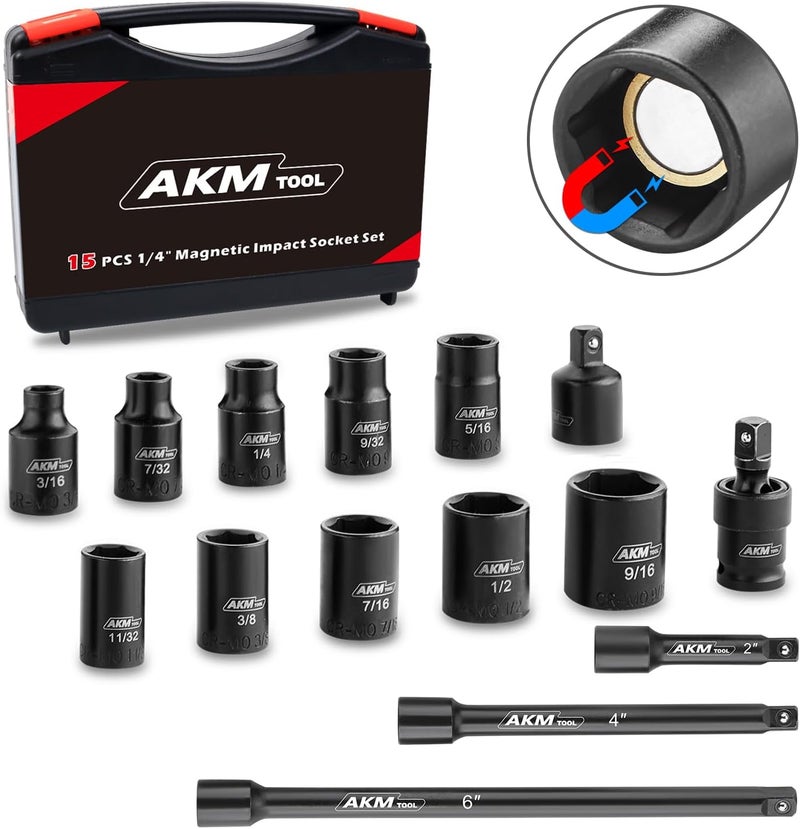 AKM TOOL 1/4 Inch Drive Magnetic Impact Socket Set, 15-Piece SAE, 1/4 Inch-9/16 Inch, 6 Point, Cr-Mo, Square Drive, Magnetic Socket with Impact Socket Adapter, Universal Joint & Extension - Image 1